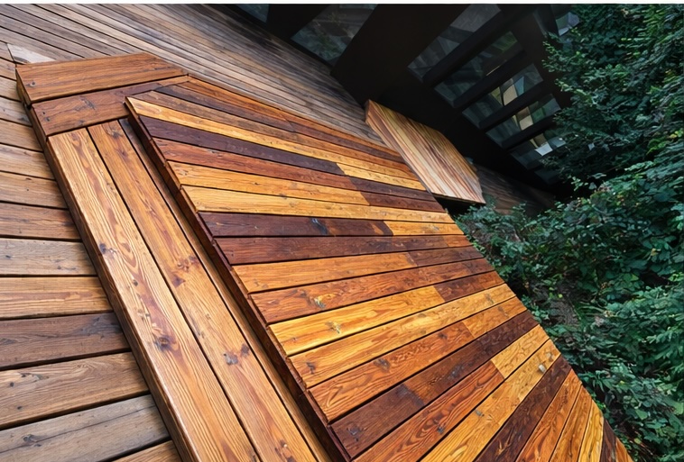 Multi-tone cedar deck boards with precision joinery — custom deck build by Arellano Framing LLC, Vancouver WA