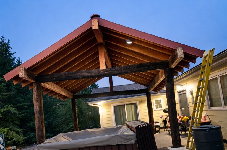 Backyard patio pavilion with heavy timber posts and exposed rafters — custom outdoor structure by Arellano Framing LLC